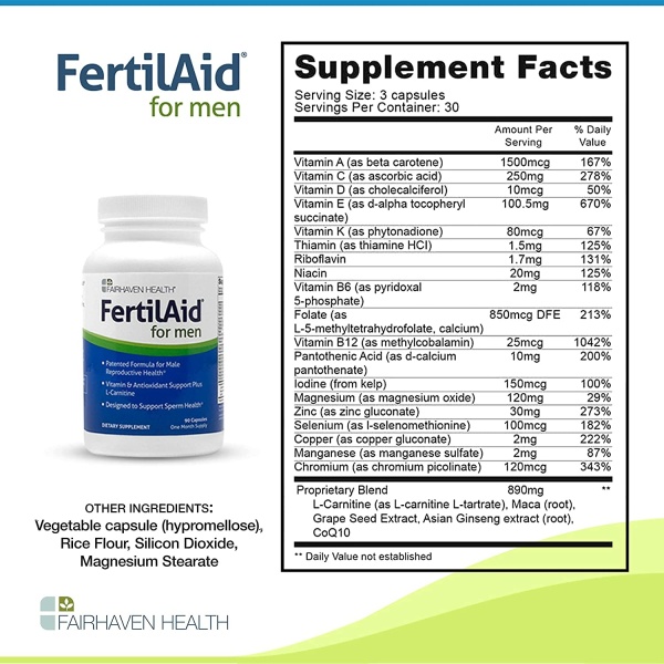 FAIRHAVEN HEALTH FertilAid for Men: Male Fertility Supplement to Support Healthy Sperm Count, Motility, and Morphology فيرتل اد للرجال ، مكمل الخصوبه الذكورى ، لتحسين صحة الحيوانات المنوية وحركتها وتشكلها ، 90 كبسولة