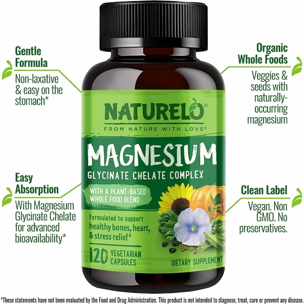 NATURELO Magnesium Glycinate - 200 mg Magnesium to Support Sleep, Calm, Muscle Cramp & Stress Relief – 120 Capsules